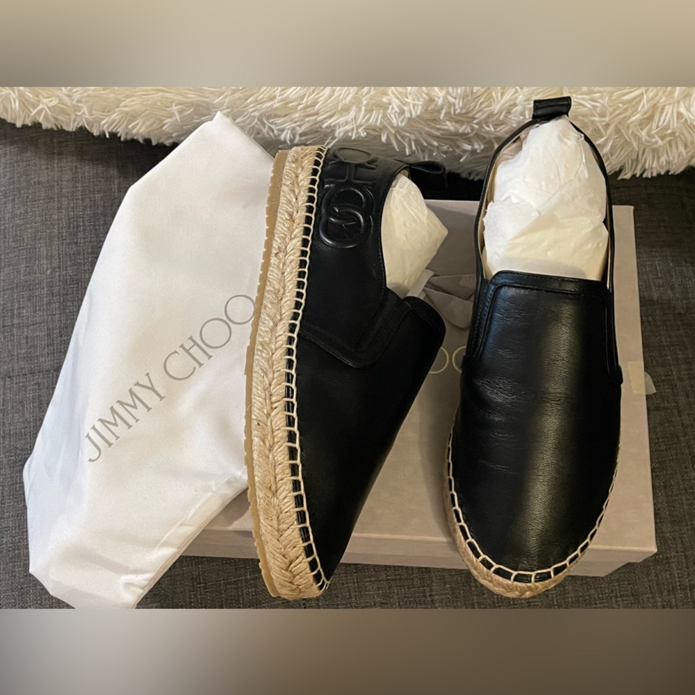 BRAND NEW Authentic JIMMY CHOO Black Lichi Flat Espadrilles US6.5